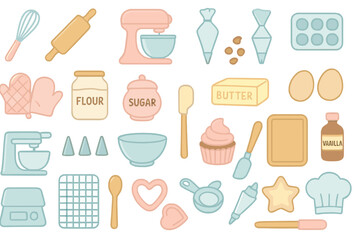 Pastel Baking Icons with Desserts and Kitchen Tools