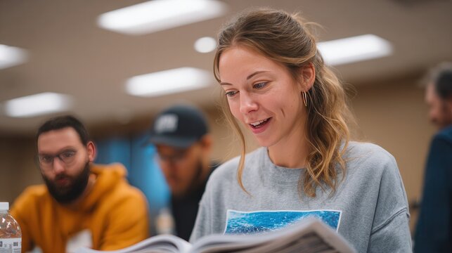 Group of students engaged in discussion while one reads from a book in a library setting - Powered by Adobe