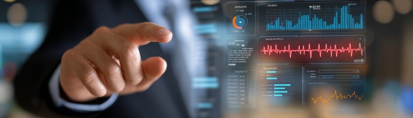 Obraz premium Professional business executive in a formal suit pointing at a digital display screen during a corporate presentation analyzing financial data charts and growth metrics in a modern office boardroom.