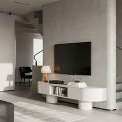 Modern Minimalist Living Room with White TV Stand and Open Layout