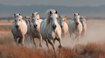 Majestic white horses galloping across a dusty field at sunset, creating a breathtaking display of nature's beauty
