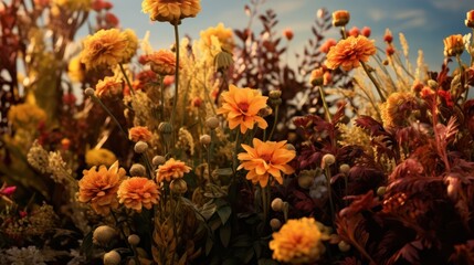 closeup of vibrant autumn wildflowers, tall golden stems with orange and red blooms, lush foliage, warm tones, dramatic lighting, highly detailed, intricate, photorealistic, 8K
