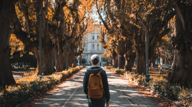 Man walks down a quiet path in a lush green park surrounded by trees and shrubs during a serene afternoon - Powered by Adobe