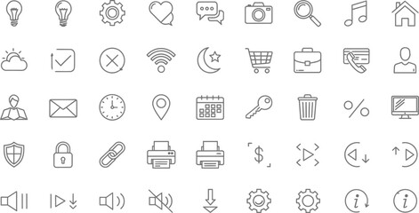 A collection of various outline icons arranged in a grid pattern on a white background