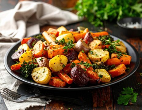 Roasted Root Vegetables And Potatoes On Plate