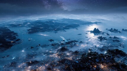 Naklejka premium A breathtaking aerial view reveals a sprawling cityscape nestled amidst mountains and bodies of water, illuminated by twinkling lights under a starlit sky.