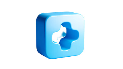 Futuristic blue medical cross symbol in a cube shape on transparent background