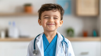 Smiling little boy wearing medical coat and stethoscope playing doctor in bright room with blurred background, joyful expression
