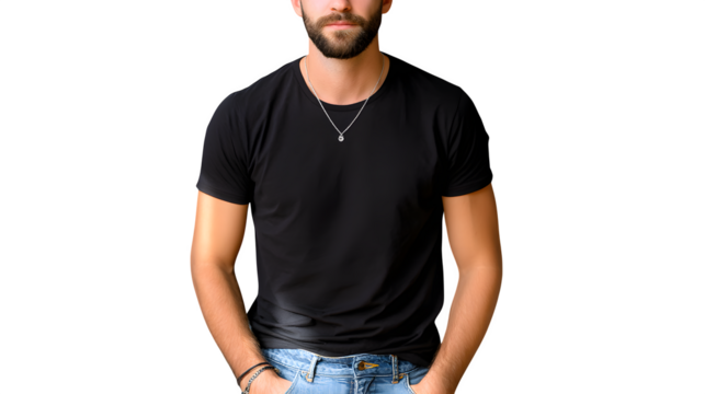Bearded man wearing black slim-fit T-shirt and jeans, urban casual look, soft shadows, minimal white backdrop