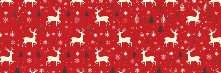 Seamless christmas pattern featuring white reindeer, snowflakes, and christmas trees on a red background