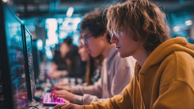 Students engaged in focused activity while coding at an educational technology event in a modern facility