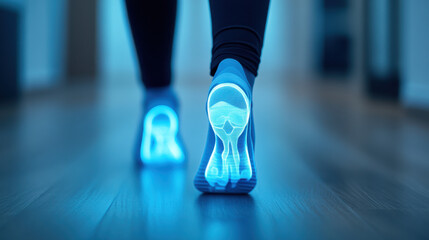 Close up of person walking with high tech shoes featuring glowing blue gait analysis technology on sole, showing advanced medical innovation