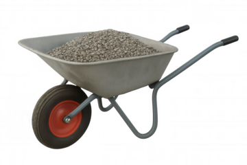 Metal wheelbarrow transporting gravel, isolated on transparent background, ready for construction or gardening work
