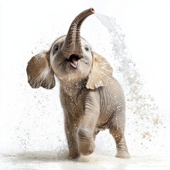 a baby elephant spraying water clipart, exotic wild animal artwork, hand-drawn style, soft grey tones, isolated on white background