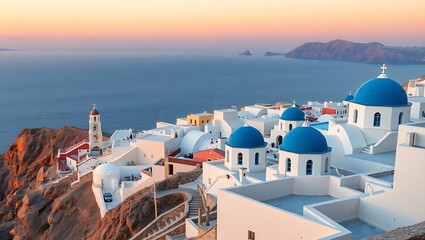 Aerial view of santorini greece with blue domed buildings and ocean at sunset in the background © creativeharry