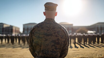 Military drill instructor in camouflage uniform overseeing formation of recruits on parade ground at sunrise, back view. Leadership, discipline, training, and service concept on a base campus.