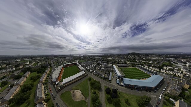 An aerial view of Dens Park and Tannadice, homes of Dundee and Dundee United Football Clubs in Dundee, Scotland