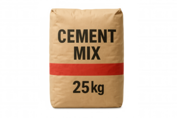 Paper bag of cement mix standing up with transparent background, ready to be used for construction and building projects