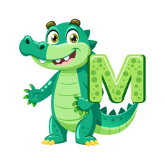 Playful Alligator Character with Big Alphabet M, Cute Animal Cartoon Illustration for Kids Education, Children Book and Learning Design