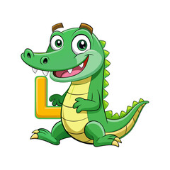 Fototapeta premium Playful Alligator Character with Big Alphabet L | Fun Children Book Illustration | Cute Animal Vector Design for Kids Learning