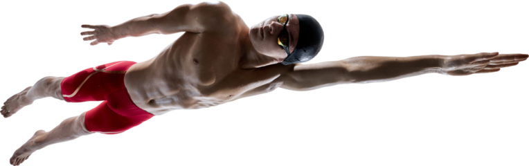 Male swimmer in streamlined dive position wearing red swim jammers and black cap, on transparent background. Concept of competitive swimming, aquatic sports performance, strength, and hydrodynamics.