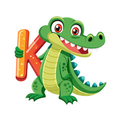 Naklejka premium Playful alligator cartoon character with oversized alphabet K, fun children’s book illustration, cute animal vector art for kids learning