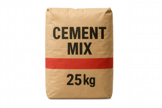 Paper bag of cement mix standing up with transparent background, ready to be used for construction and building projects