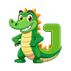 Playful alligator character holding giant alphabet J, cute cartoon reptile design for kids learning, nursery wall art, children book illustration
