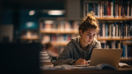 Young woman studying intently in a library while using a laptop during evening hours
