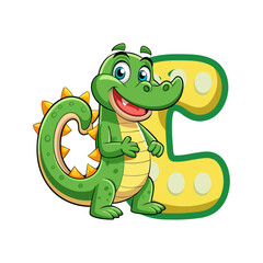 Playful Alligator Character Holding Giant Alphabet C, Fun Cartoon Vector Illustration for Kids, Preschool Learning, Educational Children Book Design