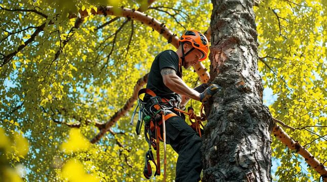 Professional arborist in safety gear climbing a tree during daytime surrounded by bright green leaves and sunlight