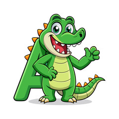 Playful alligator character holding giant alphabet A, fun educational animal vector illustration for children book cover and learning design