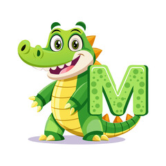 Playful Alligator Character with Big Alphabet M, Cute Animal Cartoon Illustration for Kids Education, Children Book and Learning Design