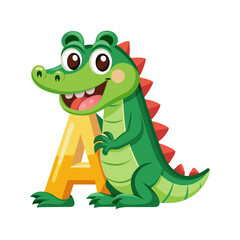 Playful alligator character holding giant alphabet A, fun educational animal vector illustration for children book cover and learning design
