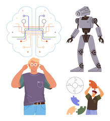 Man analyzing, robot, connected brain diagram, puzzle-solving concept. Ideal for technology, AI, innovation, problem-solving neuroscience creativity learning. Simple flat metaphor
