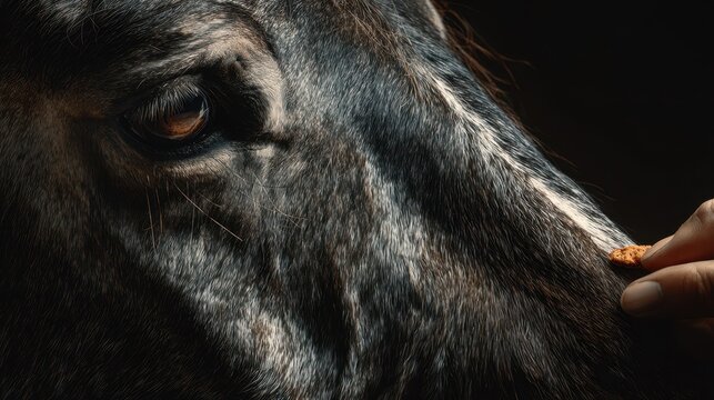 Close encounter with a horse as it reaches for a treat in a dimly lit stable during the early evening hours