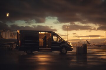 a black van at an airport with an open door and luggage