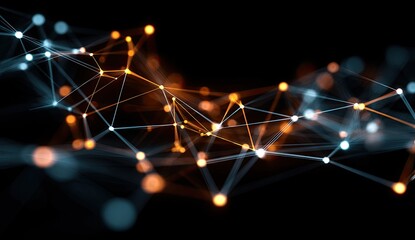 Abstract network of glowing points and lines.  Dynamic, interconnected nodes and pathways.  Soft, warm orange and cool blue highlights
