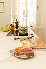 Fresh Sushi Ingredients Featuring Sliced Fish and sashimi in a Bright, Modern Kitchen