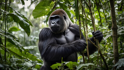 Obraz premium Large silverback gorilla holding a tree branch in a dense tropical jungle