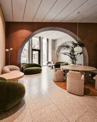 Living room with modern furniture - lounge zone on the first floor of modern residential house. Stylish interior with beige and brown color combo.