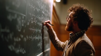 Quantum Concepts Unveiled: Physicist Delving into Complex Equations under Cinematic Glow Lighting