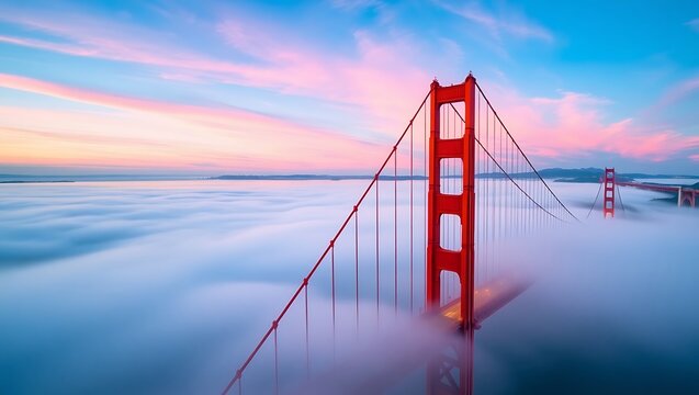 Golden gate bridge shrouded in fog under a pastel sky at dawn with visible suspension cables and towers