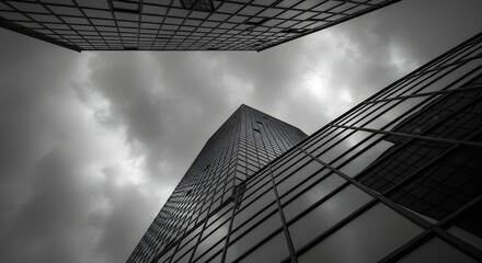 Fototapeta premium Monochrome Ultra-Modern Skyscraper Reflected Storm Clouds