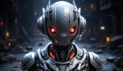 Futuristic Robot with Red Eyes in a Dark Urban Setting