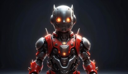 Naklejka premium Robotic Figure with Red and Black Armor and Glowing Eyes