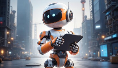 Robot holding a tablet in a futuristic cityscape