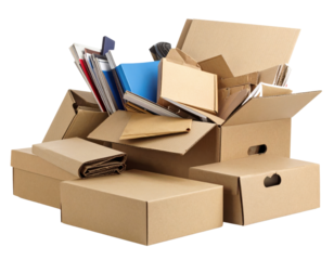 Stack of cardboard moving boxes with books and belongings spilling out on transparent background