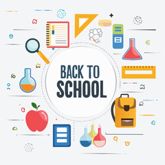 Composition back to school with school items. Rulers, apple, backpack, bottles, eareser, notebook