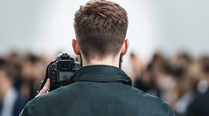 Photographer capturing images at fashion show with professional camera, focusing on runway and models in background